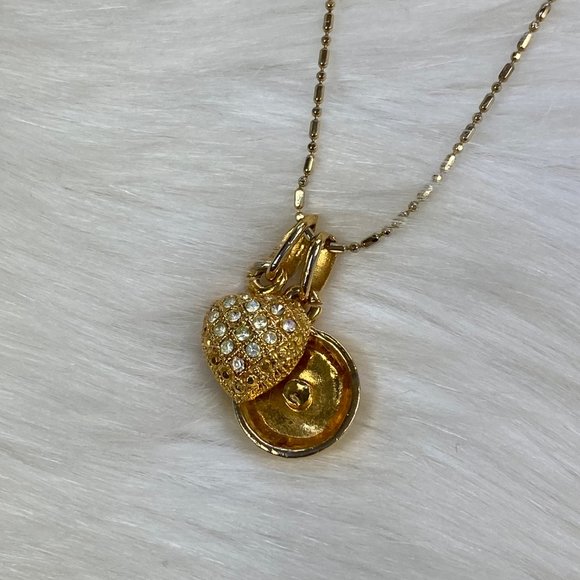 18KGP 2-Strand Necklace Gold Tone Rhinestone Heart Pendant 16" - Picture 3 of 8